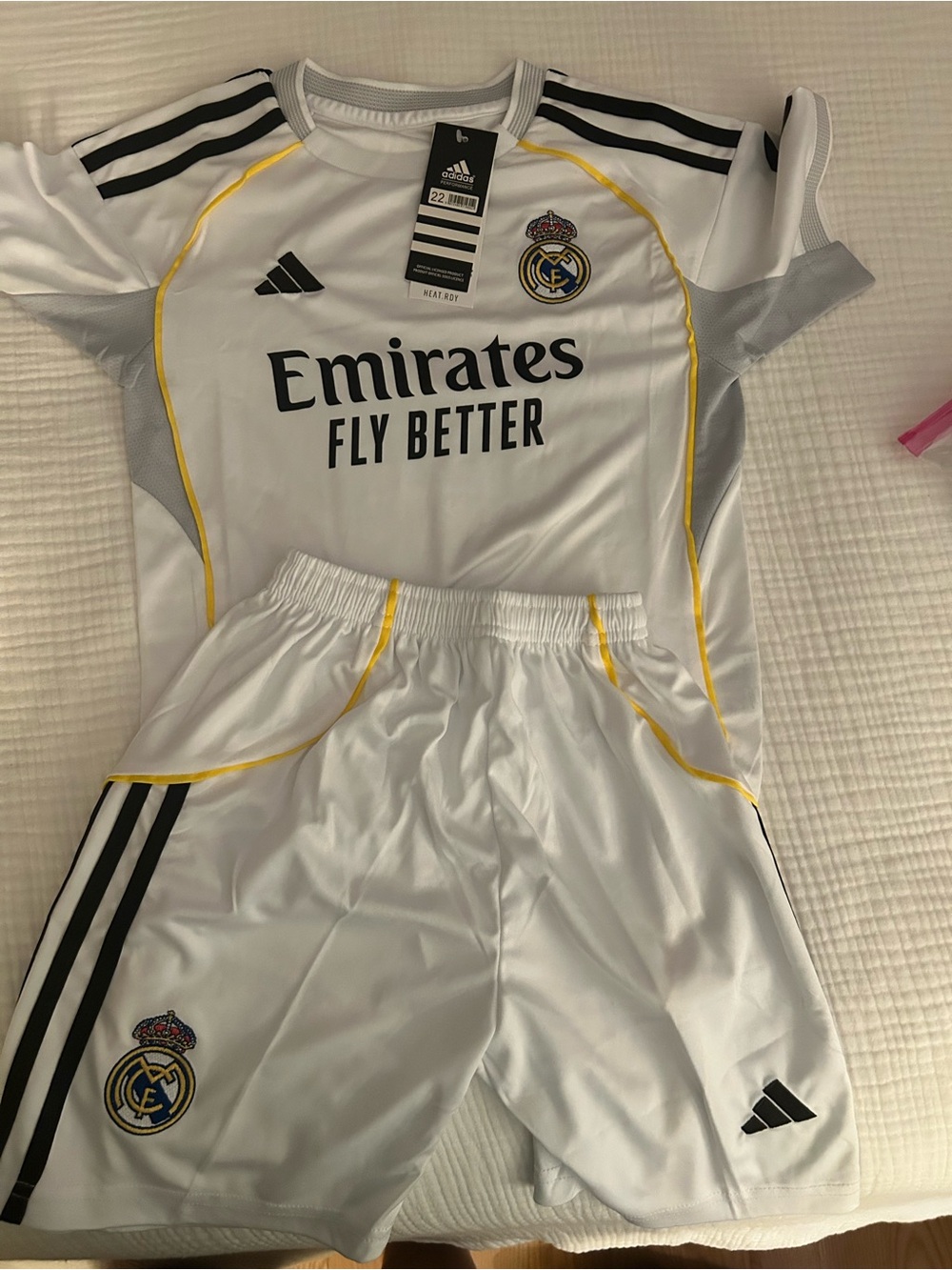 adidas Kids White & Yellow Real Madrid Replica Jersey and Shorts